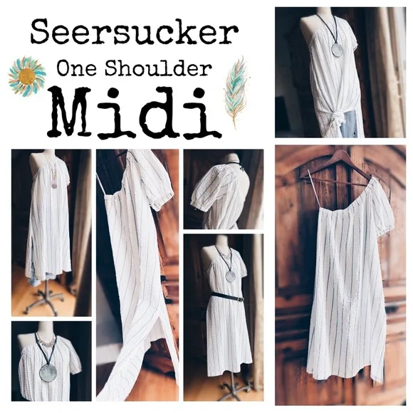 Madewell Seersucker Midi Dress One Shoulder Striped Small NWT - Picture 3 of 16